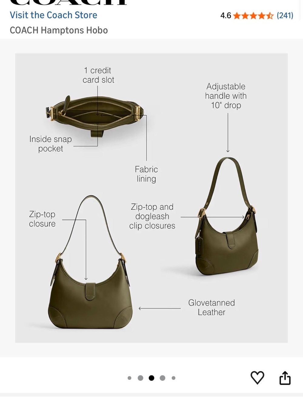 Coach Hamptons Hobo in Olive Green Leather with Gold Hardware - Picture 3 of 8